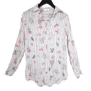 Pleione White Gray Pink Floral Long Sleeve Slinky Button Front Oversized Top